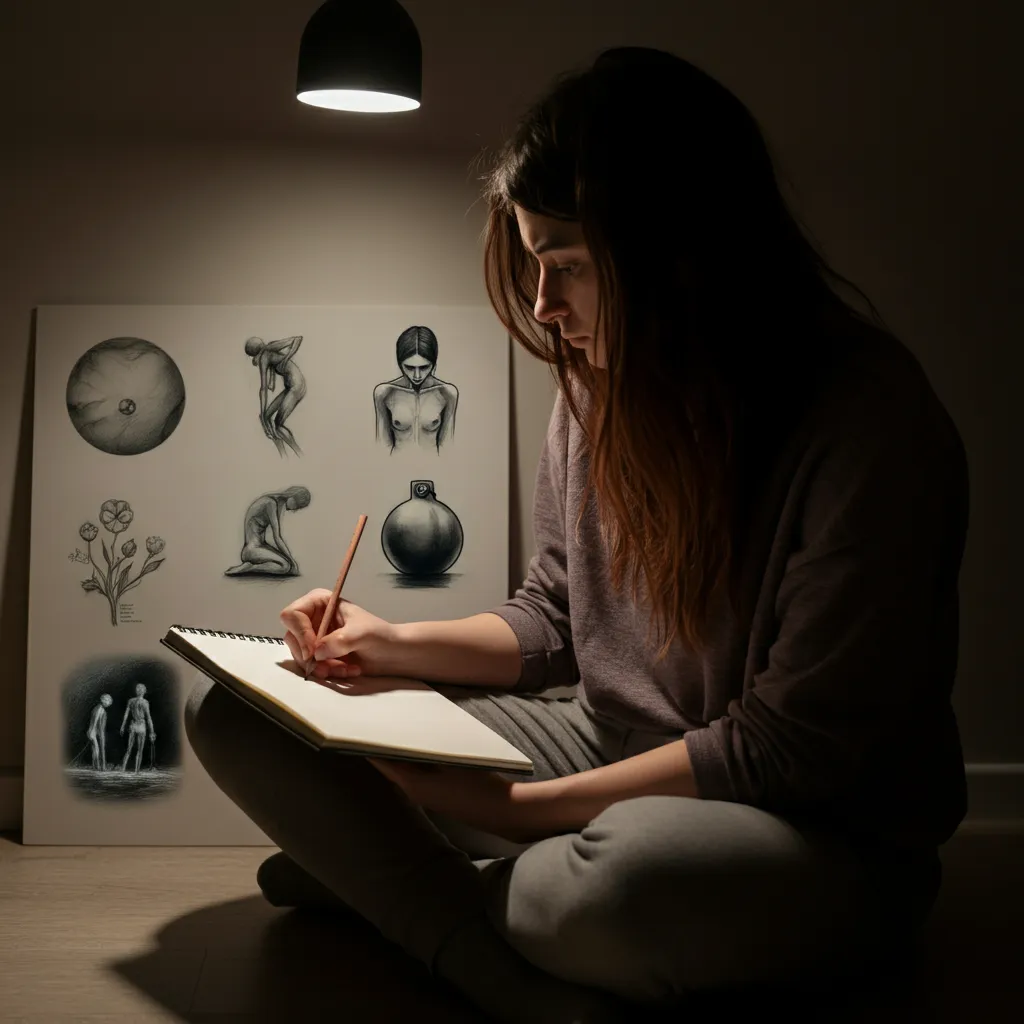 Various drawing techniques visually represent depression, from simple sketches to complex, abstract art styles.