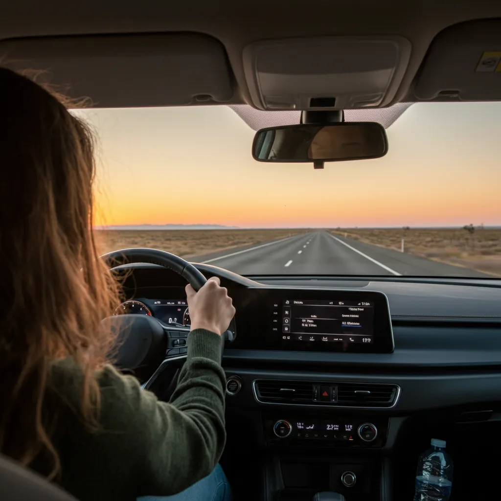 Person driving a car on a highway, experiencing highway hypnosis. This image relates to driving anxiety and tips for staying alert while driving long distances.