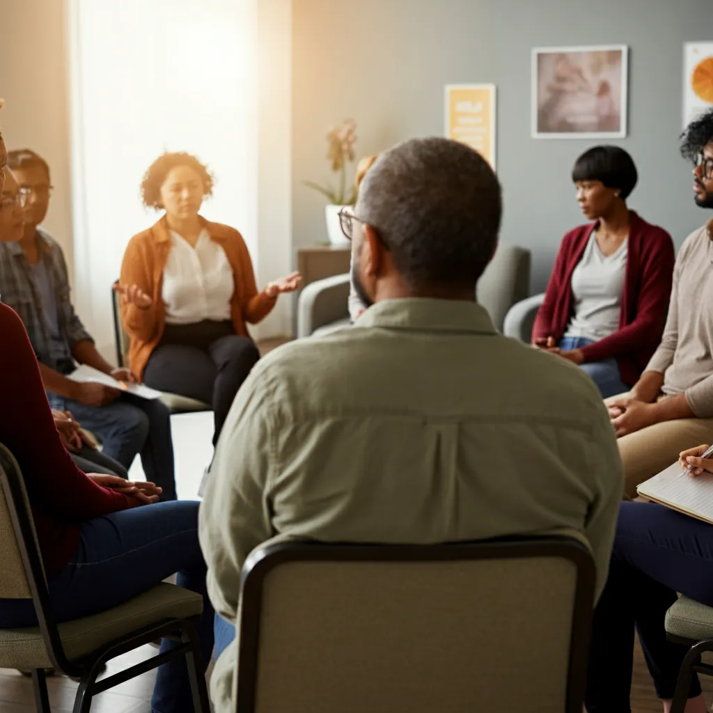 Diverse group of people engaged in active listening and supportive communication, symbolizing effective peer support.