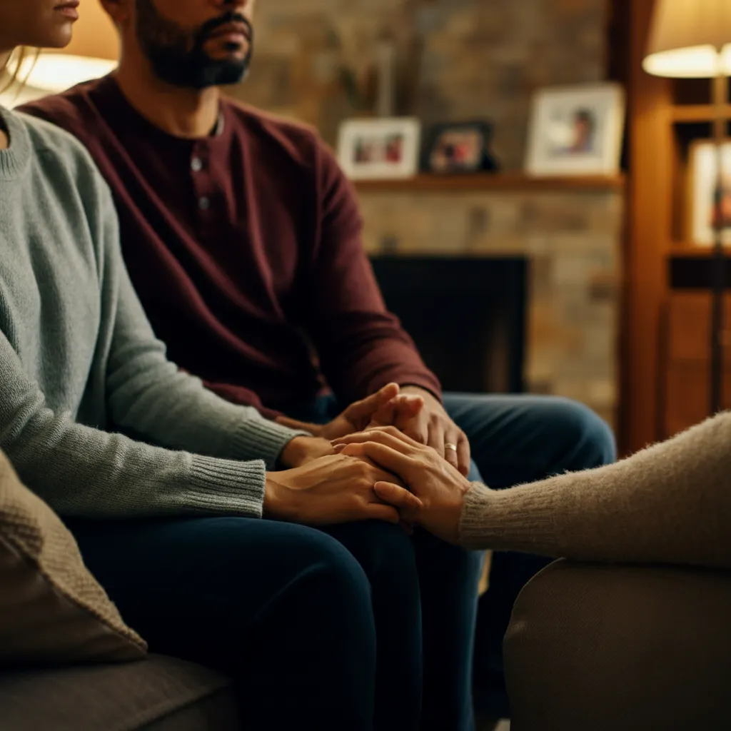 Couple working through emotional distance and rebuilding connection in marriage therapy, symbolizing hope and healing from emotional abandonment.