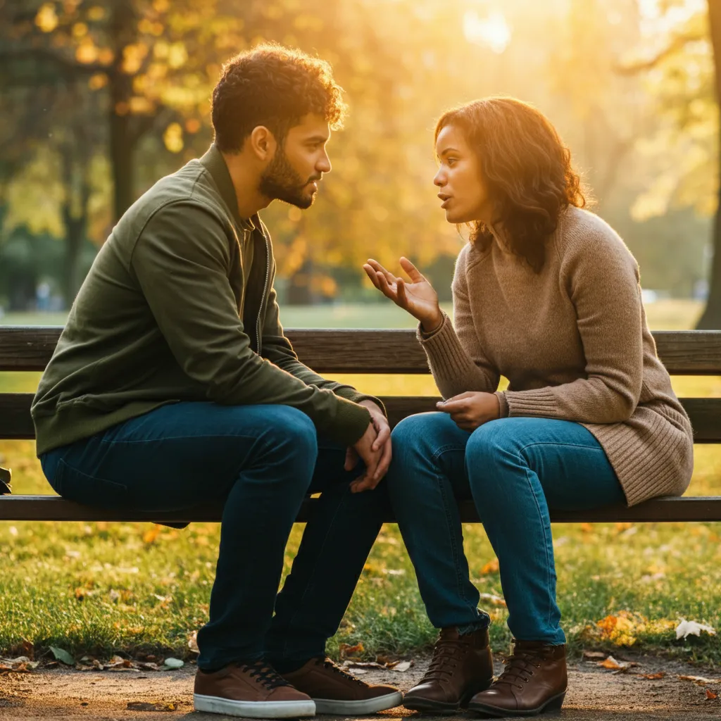 Two people talking closely, representing the seemingly innocent friendship stage of an emotional affair, which can involve sharing personal details and creating emotional dependence.