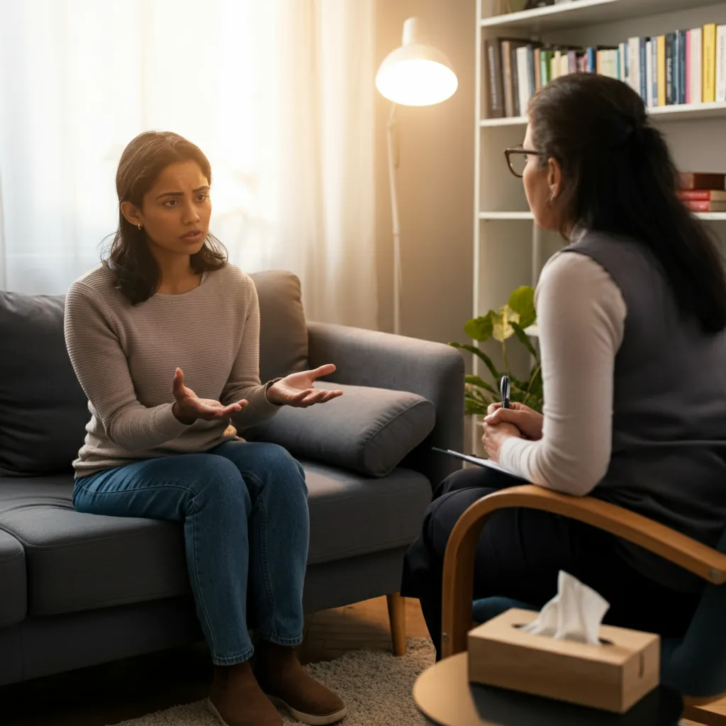 Couple in therapy session working through infidelity issues with a licensed therapist.