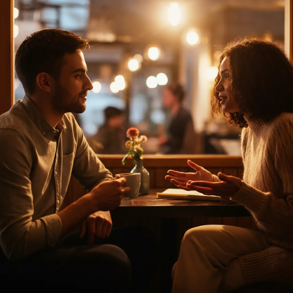 A man actively listening to a woman, demonstrating emotional attachment and genuine interest in her life, dreams, and aspirations.