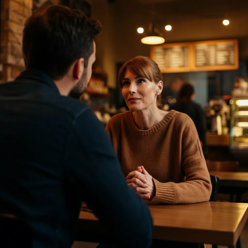 Woman showing signs of emotional attachment through deep conversation and intense eye contact.