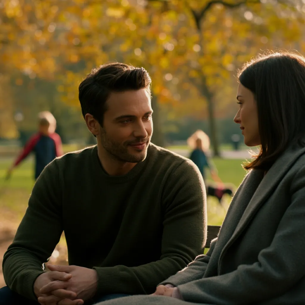 A man and woman engaged in conversation, demonstrating body language cues of emotional attraction, such as prolonged eye contact and mirroring gestures.