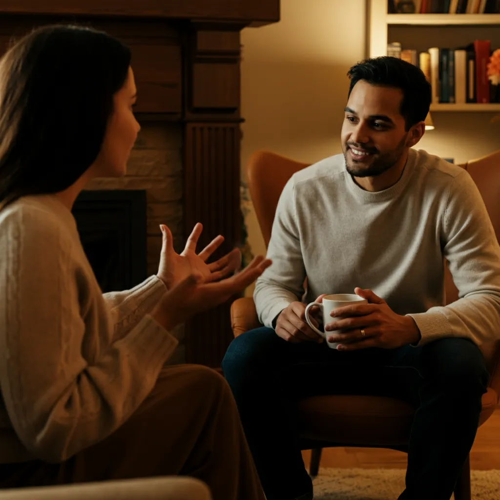 Man actively listening to woman, demonstrating emotional attraction by remembering details and engaging in conversation.