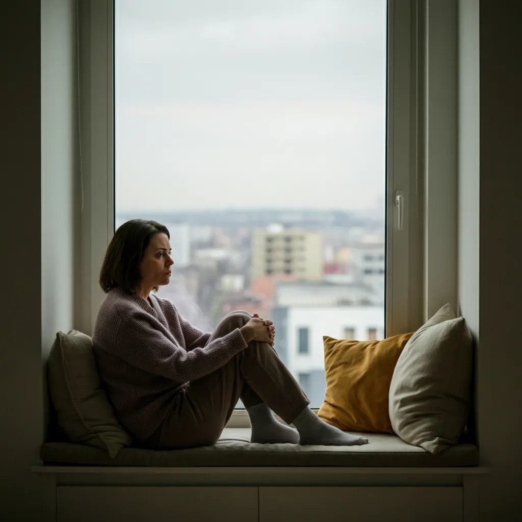 Conceptual image representing the emotional and behavioral signs of childhood trauma in adults, such as emotional dysregulation, anxiety, depression, difficulty in relationships, self-sabotage, and emotional flashbacks.