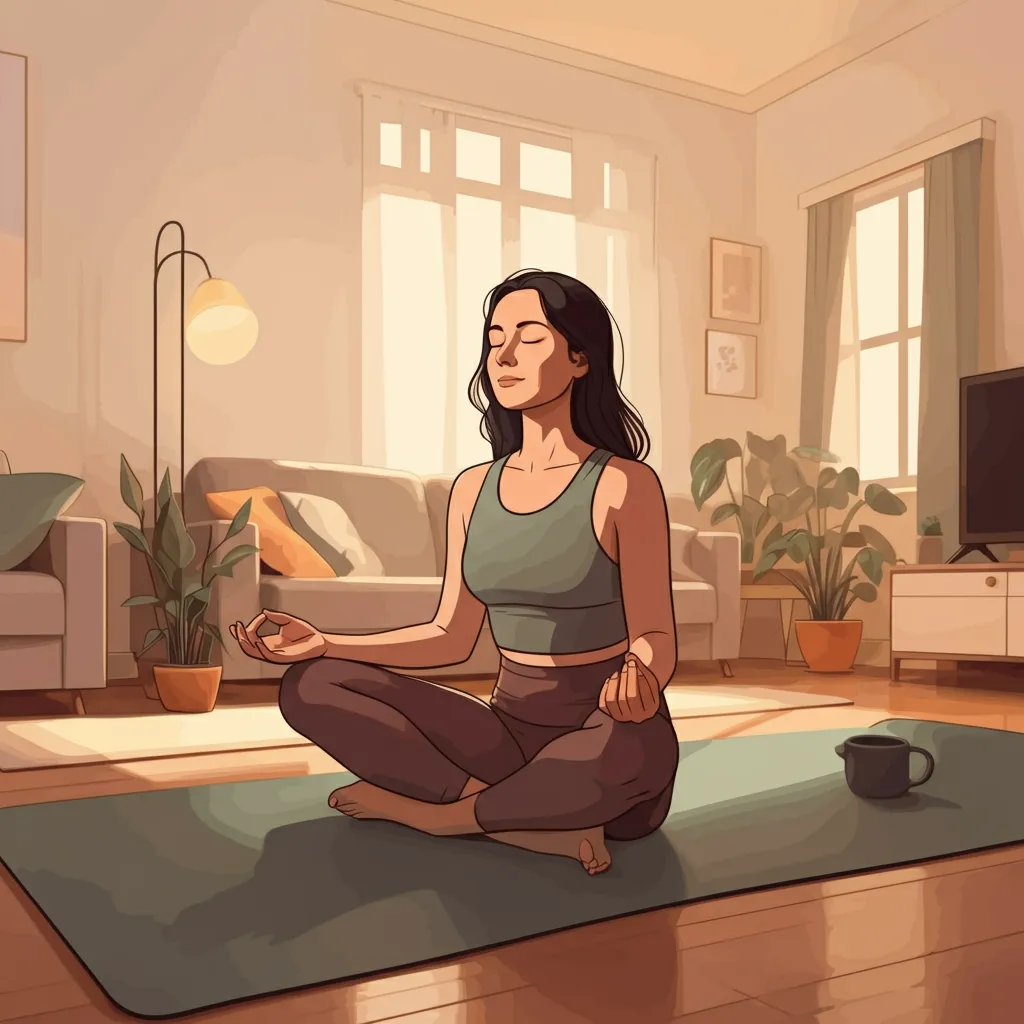 Person peacefully meditating, symbolizing emotional detachment from material possessions and finding freedom through mindfulness and gratitude.