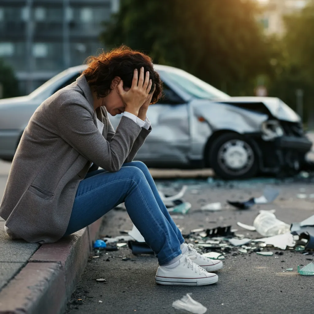 Person experiencing emotional distress and anxiety after a car accident.