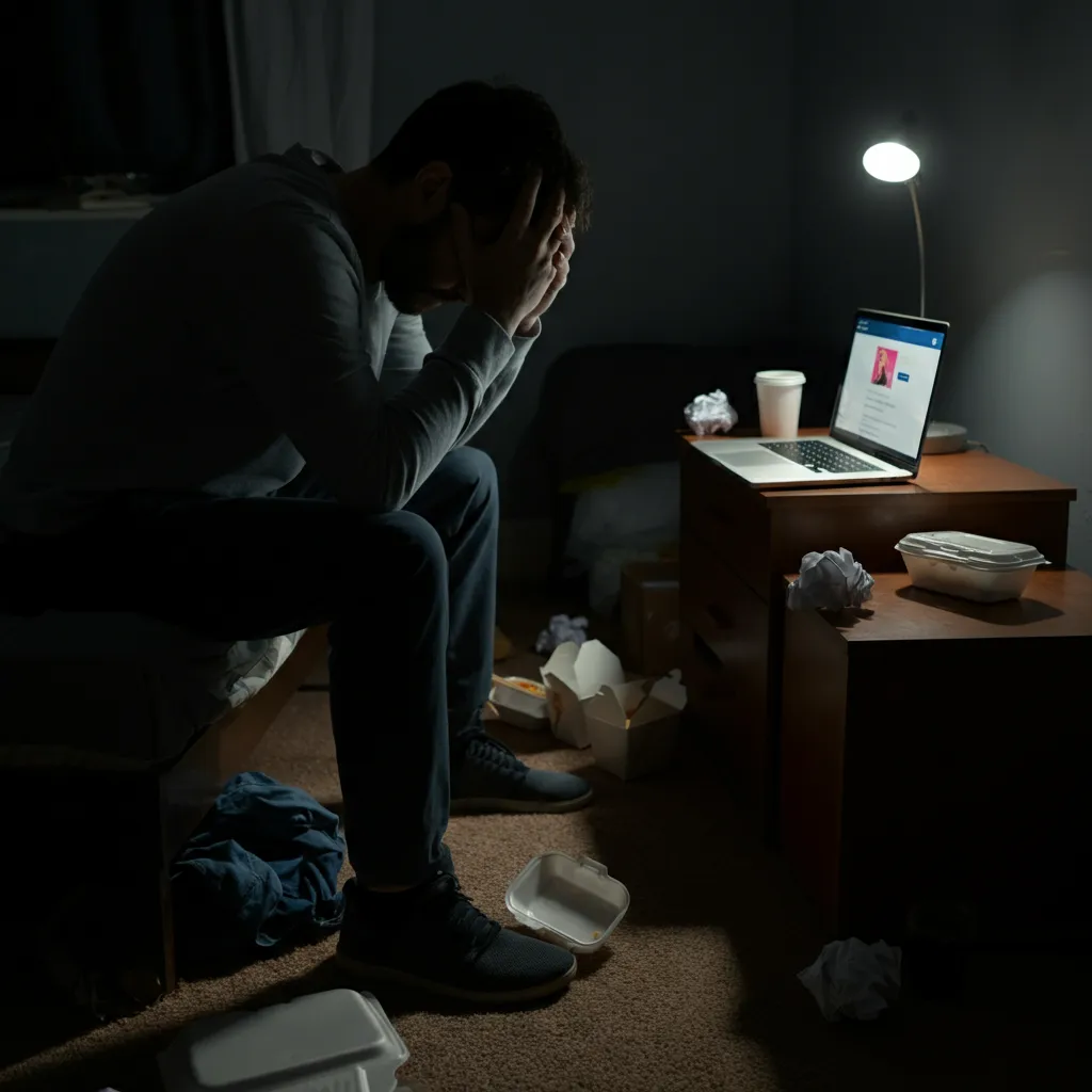 A man experiencing the emotional and psychological impact of sex addiction, including shame, guilt, anxiety, and relationship challenges.