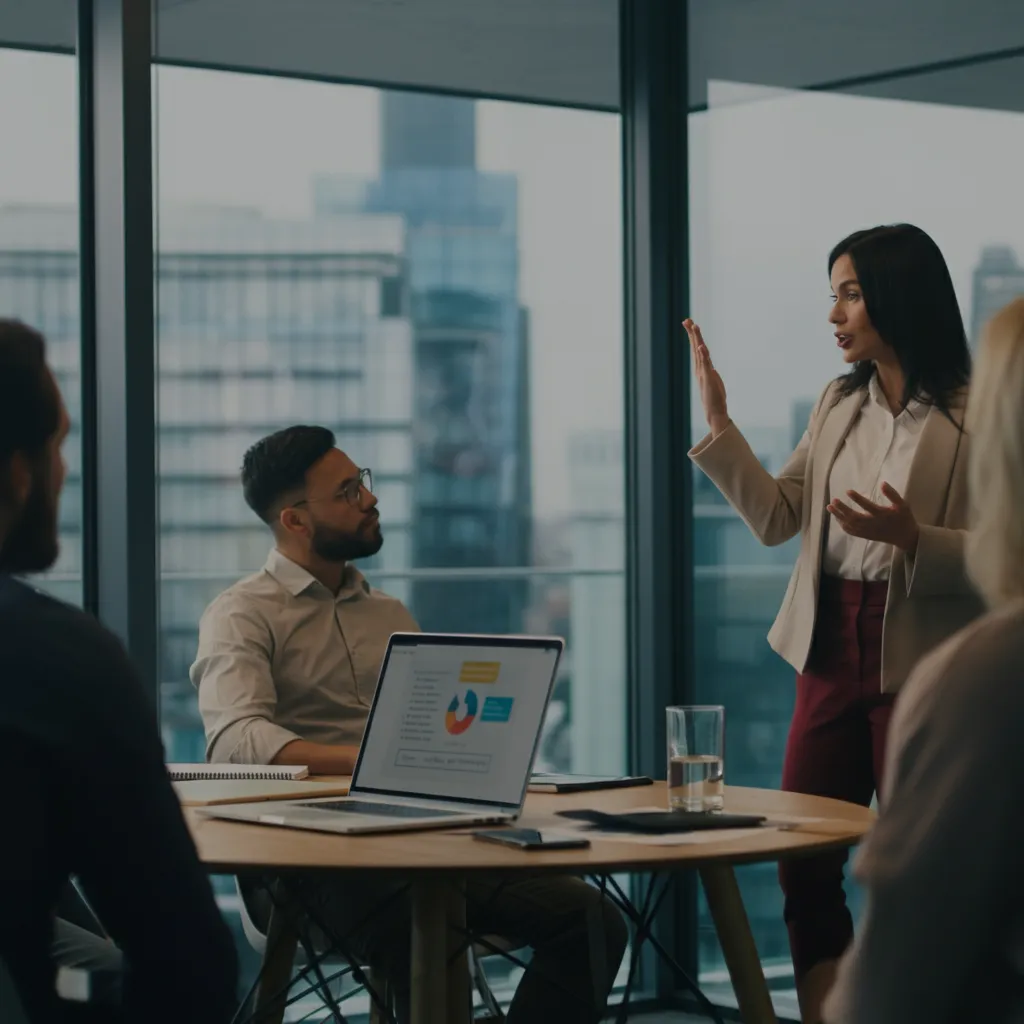 A visual representation of emotional maturity in the workplace, showcasing positive communication and conflict resolution skills leading to professional success.