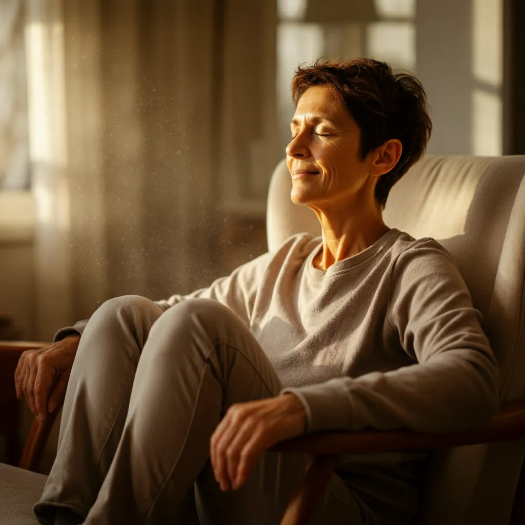 Person peacefully reflecting, representing the long-term benefits of emotional regulation and sitting with emotions.