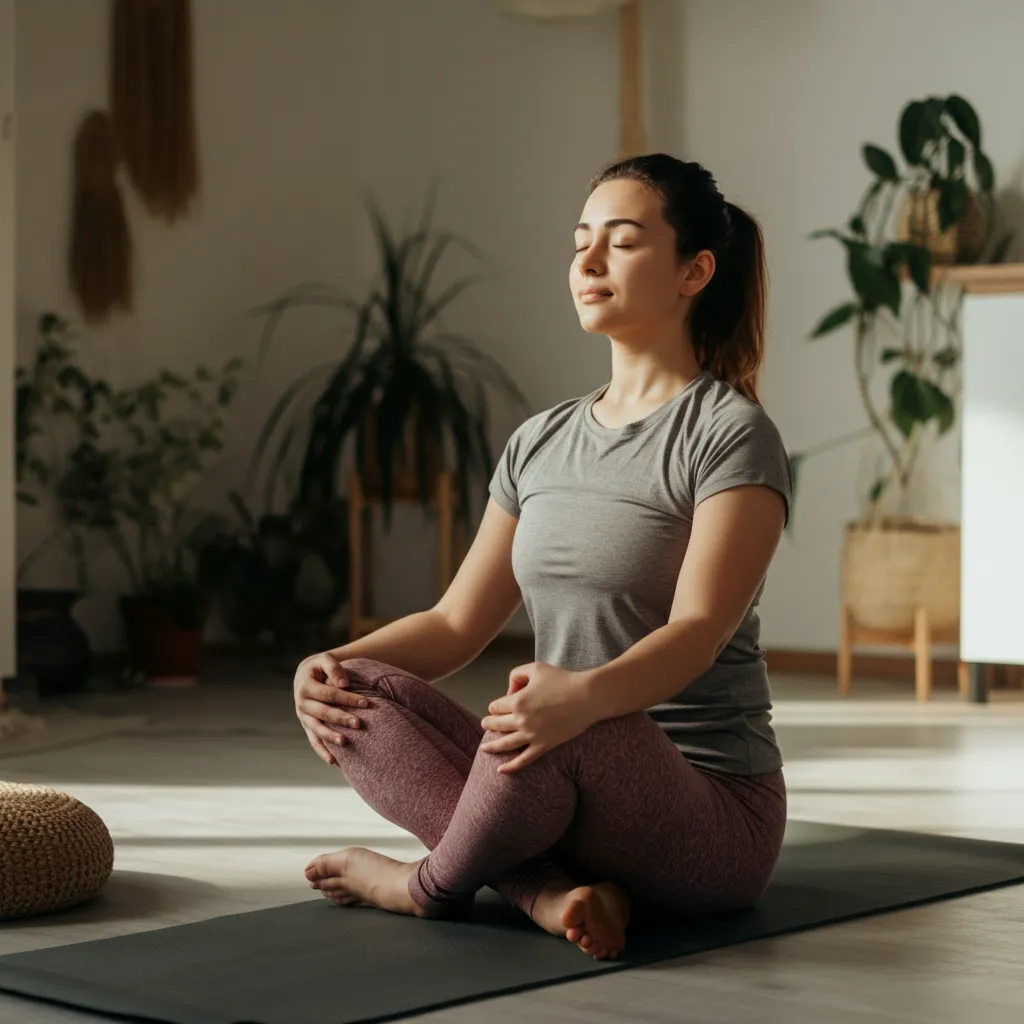 Person practicing self-regulation techniques, such as deep breathing, to manage emotions and improve emotional health.