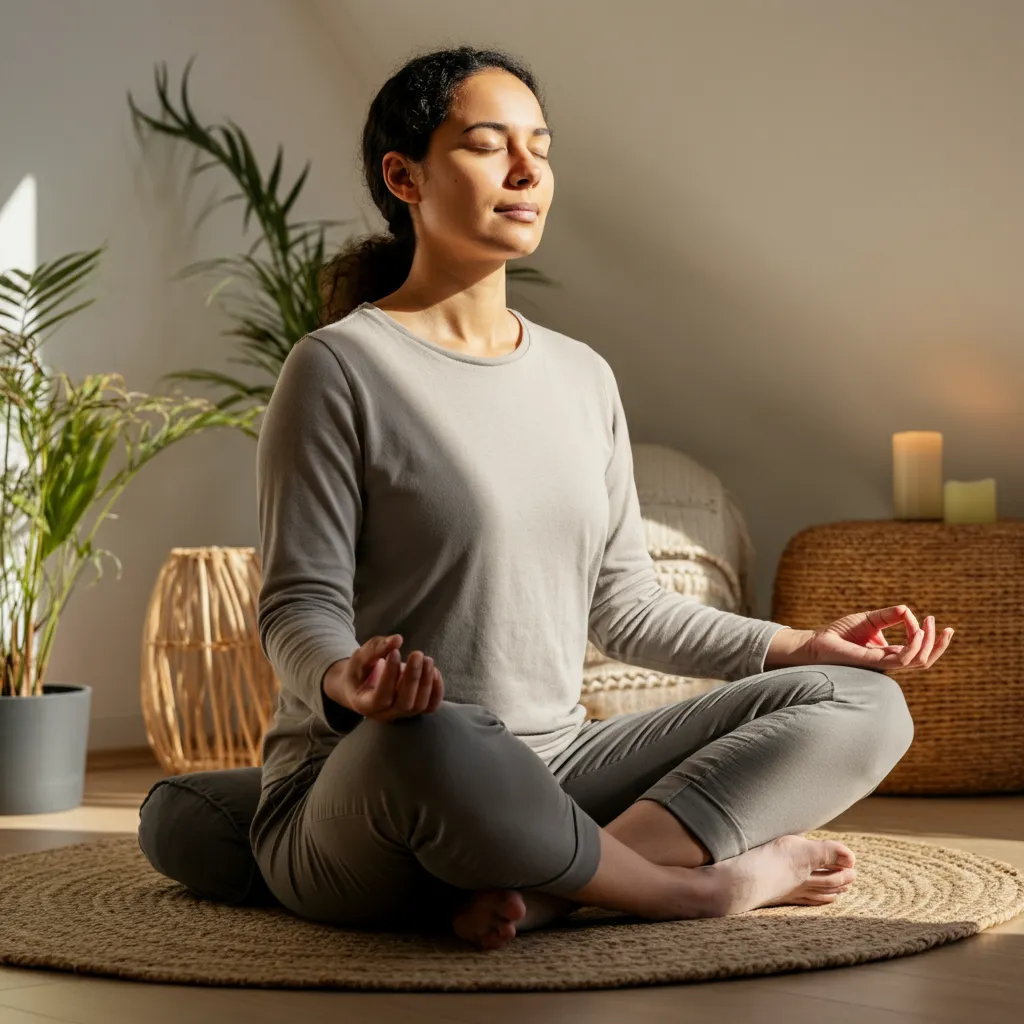 Person practicing emotional regulation techniques, such as mindfulness, deep breathing, and grounding exercises, to manage stress and anxiety.