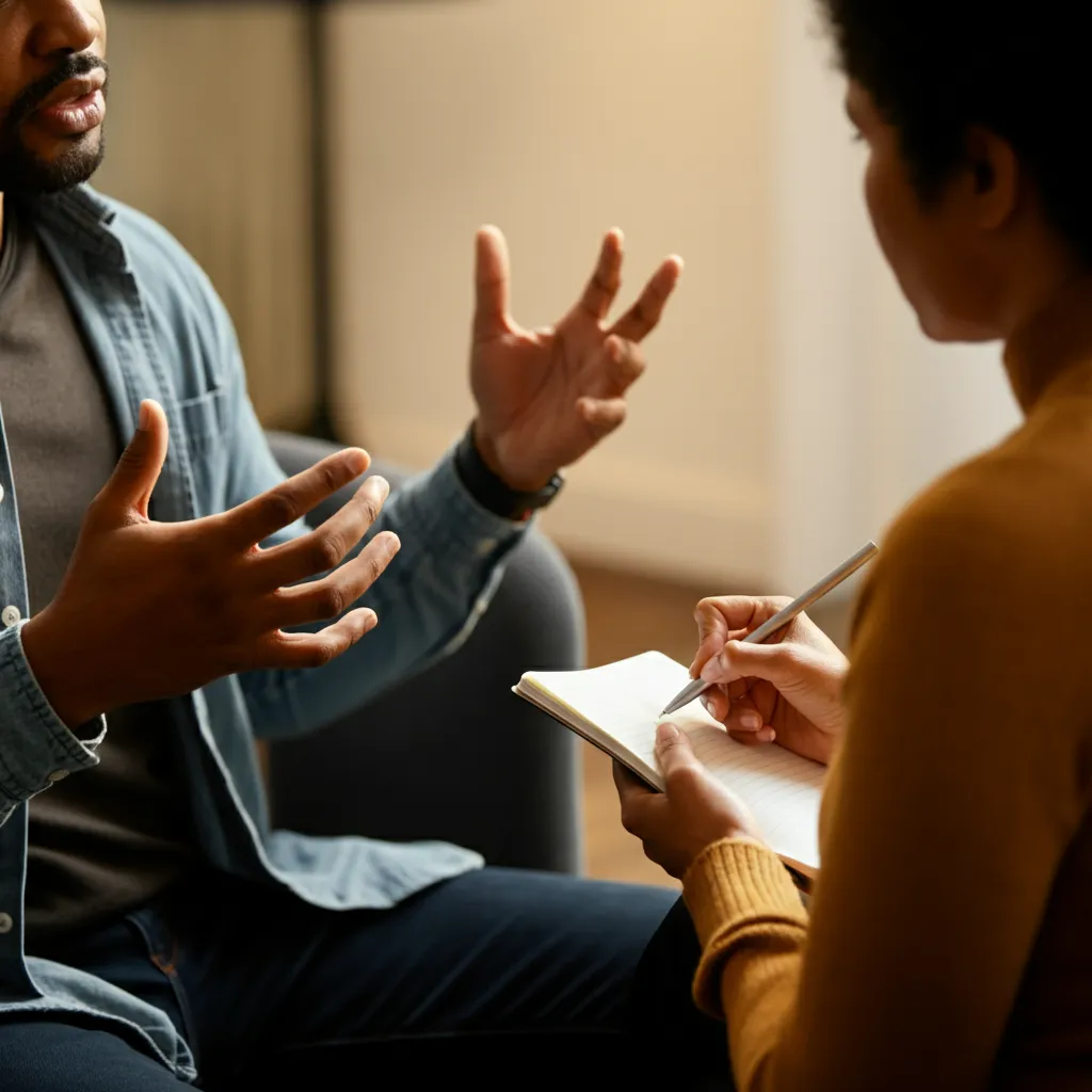 Person with ADHD practicing active listening in a conversation, symbolizing improved communication skills.