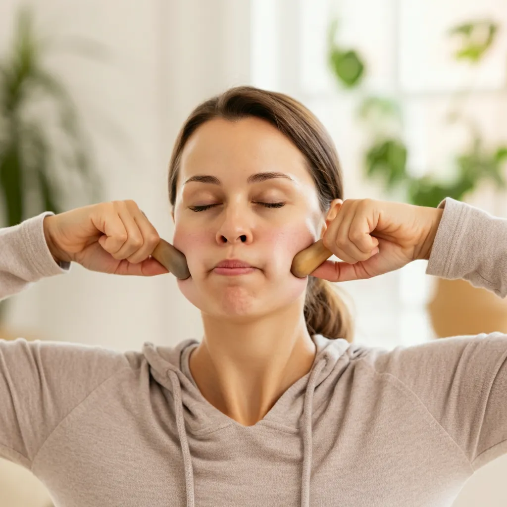 Step-by-step guide demonstrating facial exercises for stress relief, including forehead smoother, eye squeezer, cheek puffs, jaw release, and neck rolls.