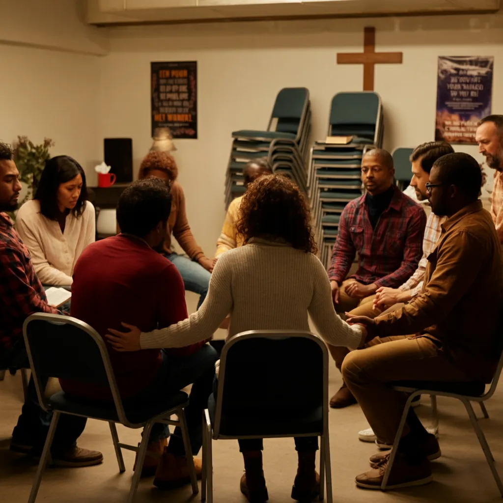 People gathering for support and prayer, representing faith-based addiction recovery and the strength found in shared spirituality.