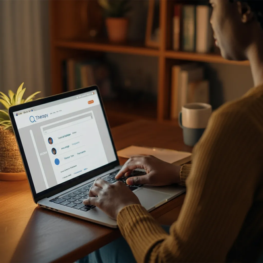 Person using a laptop to search an online therapy directory to find mental health professionals.