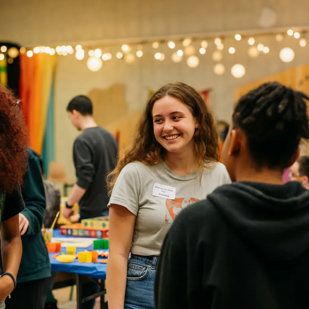 Diverse group of people engaging in various activities like joining clubs, taking classes, and volunteering, representing the concept of finding friends through shared interests and communities.