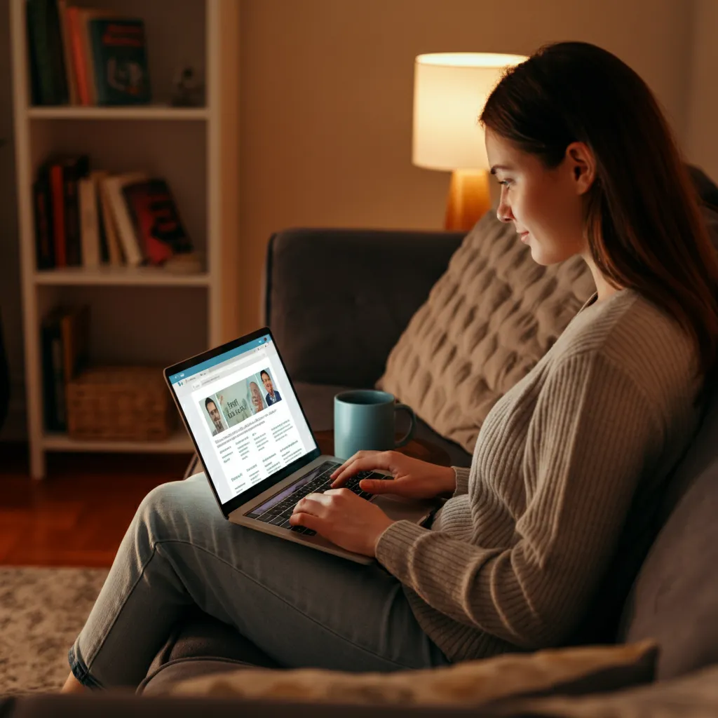 Person searching online for mental health coaching resources, using a laptop and directories.