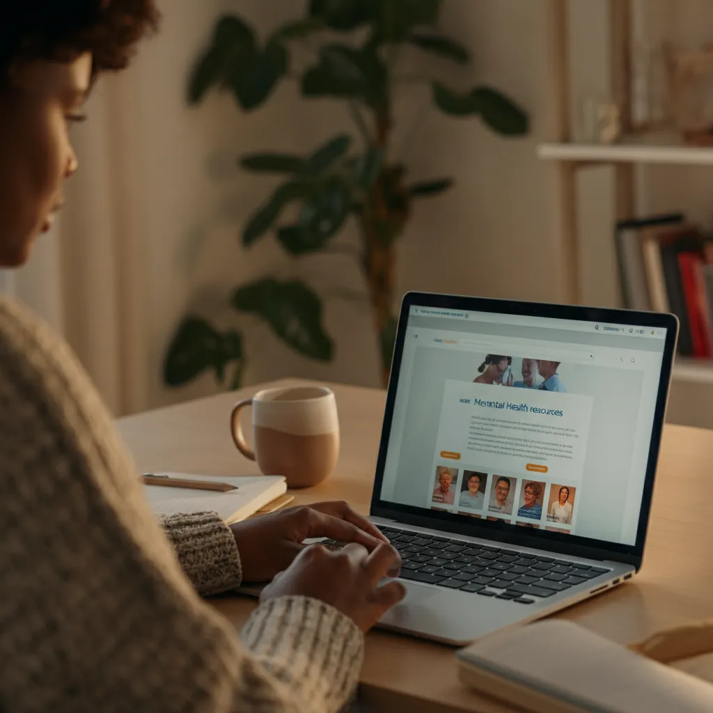 Person using a laptop to find mental health services online, symbolizing the process of locating mental health resources.