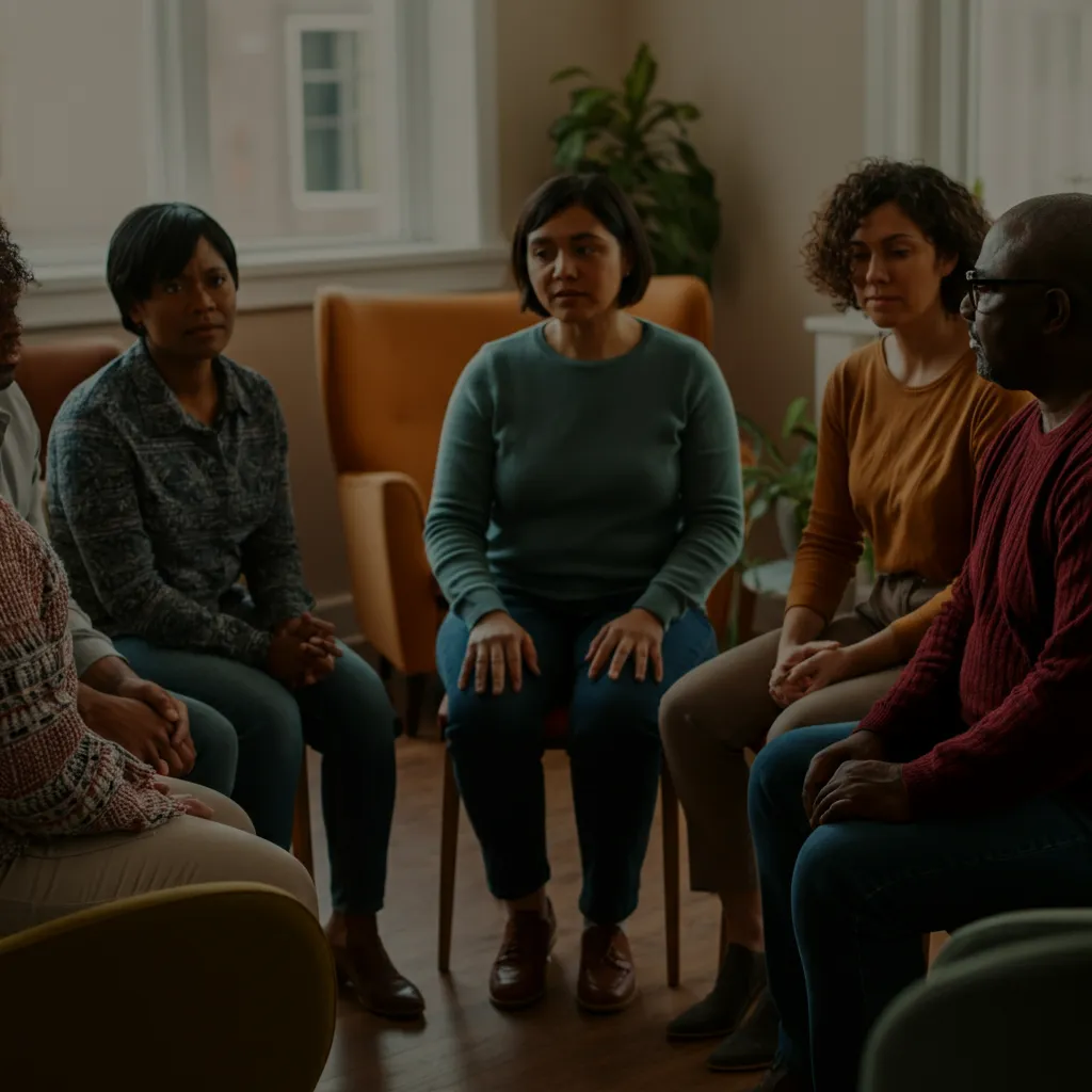 People connecting and supporting each other in a mental health community.