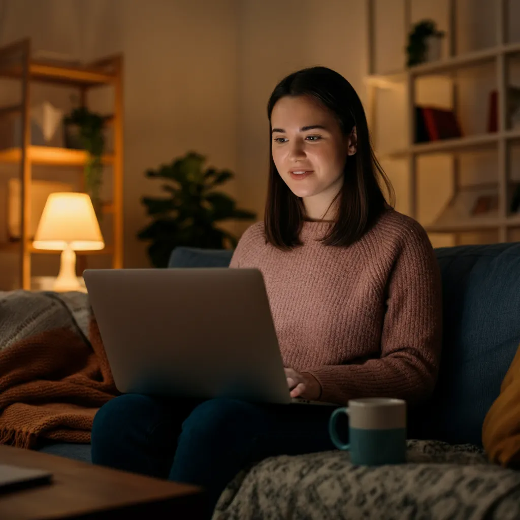 Person using a laptop to access online therapy, connecting with a therapist via video call.