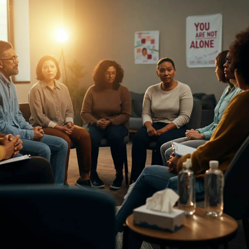 Diverse group of people connecting and talking in a supportive environment, representing the power of peer support for mental wellness.