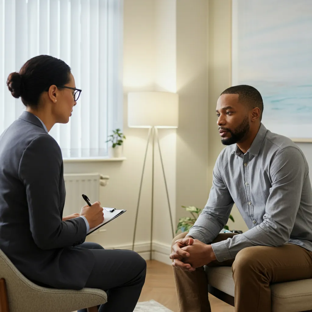 A person talking to a therapist, representing finding support and treatment for antisocial personality disorder (ASPD).