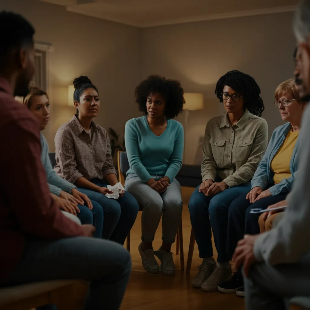 Diverse group of people connecting and supporting each other, symbolizing the journey of finding a support group and the strength in shared experiences.