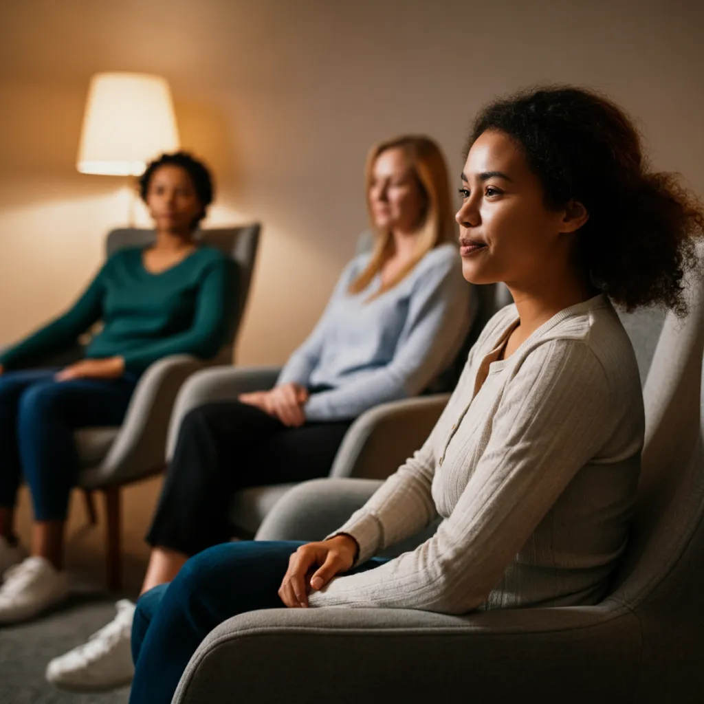 Diverse individuals participating in a support group, finding comfort and connection.