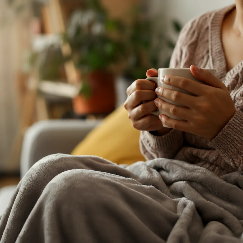 Person practicing self-care techniques for managing Generalized Anxiety Disorder (GAD) and Posttraumatic Stress Disorder (PTSD), such as relaxation, grounding, and healthy lifestyle choices.