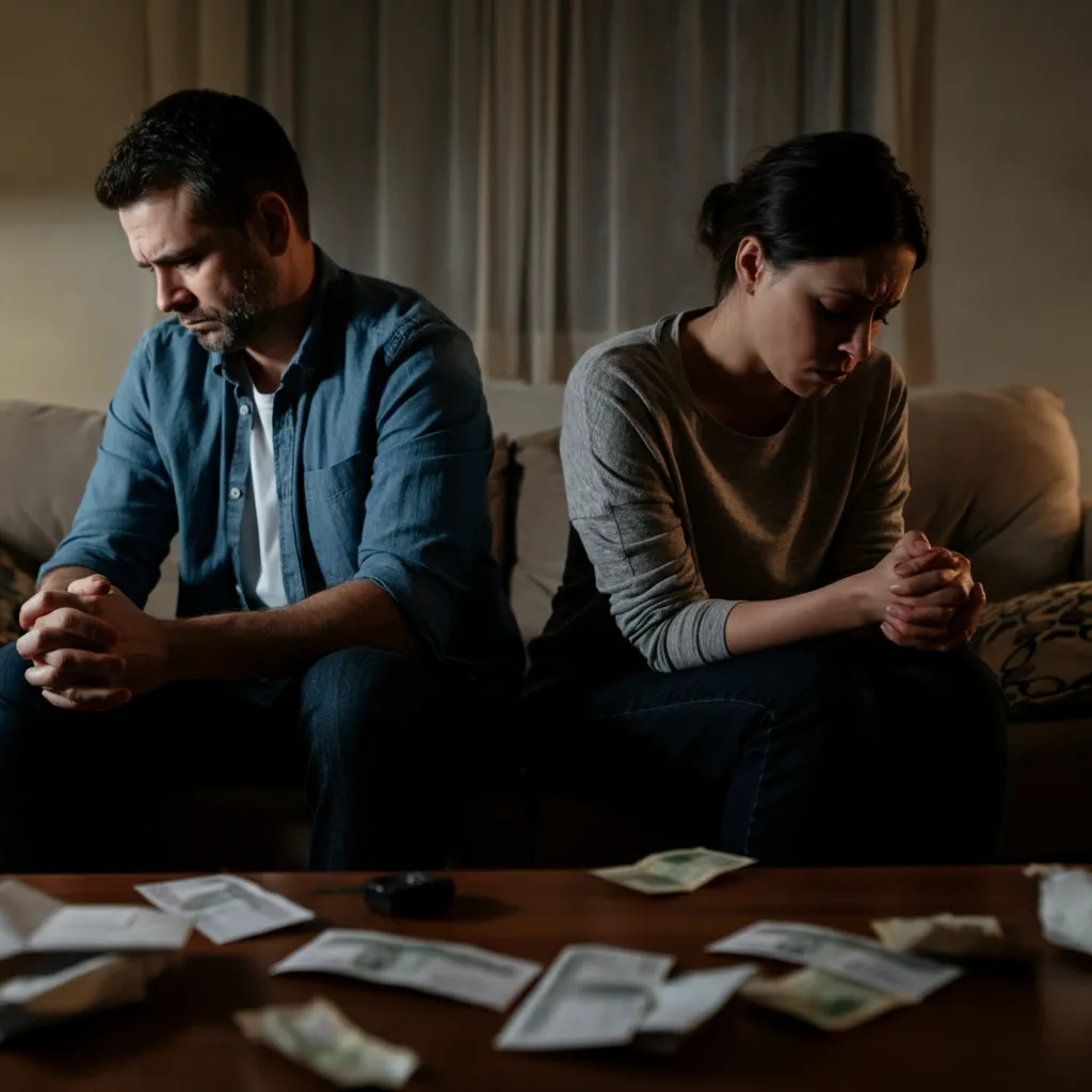 Conceptual image representing the negative impact of gambling addiction on marital relationships, including emotional distance, financial strain, and communication breakdown.