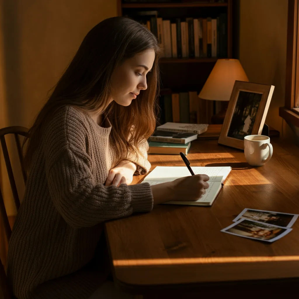 A person writing in a journal, expressing grief and finding healing through words.