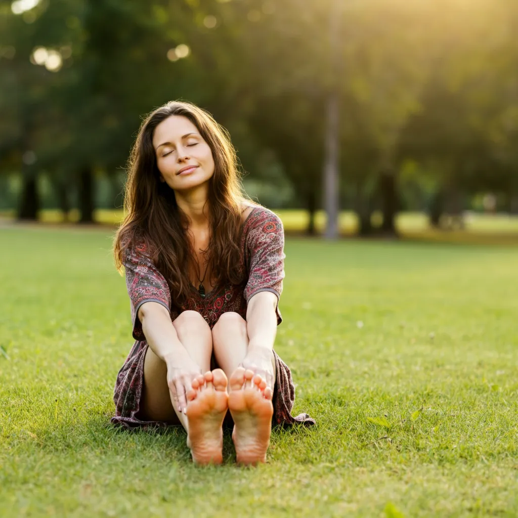 Person grounding barefoot on grass to relieve stress in feet.