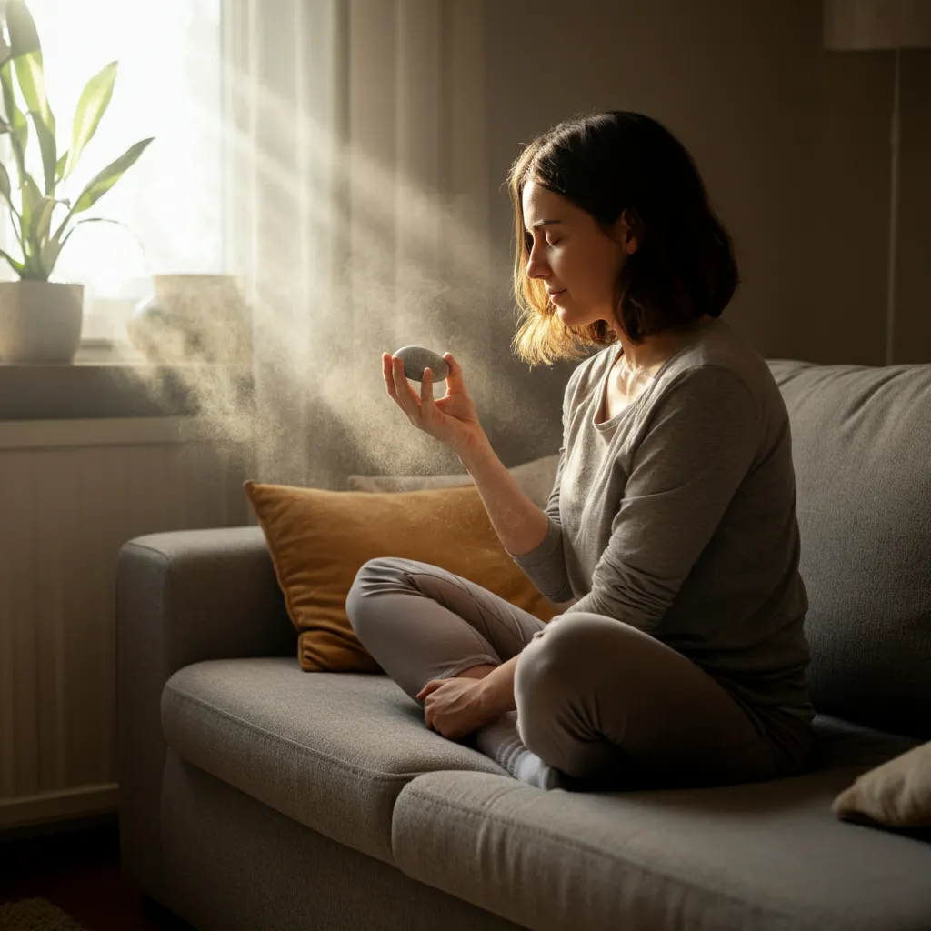 Grounding techniques to manage anxiety and ADHD symptoms. Illustration of deep breathing, muscle relaxation, and sensory activities.