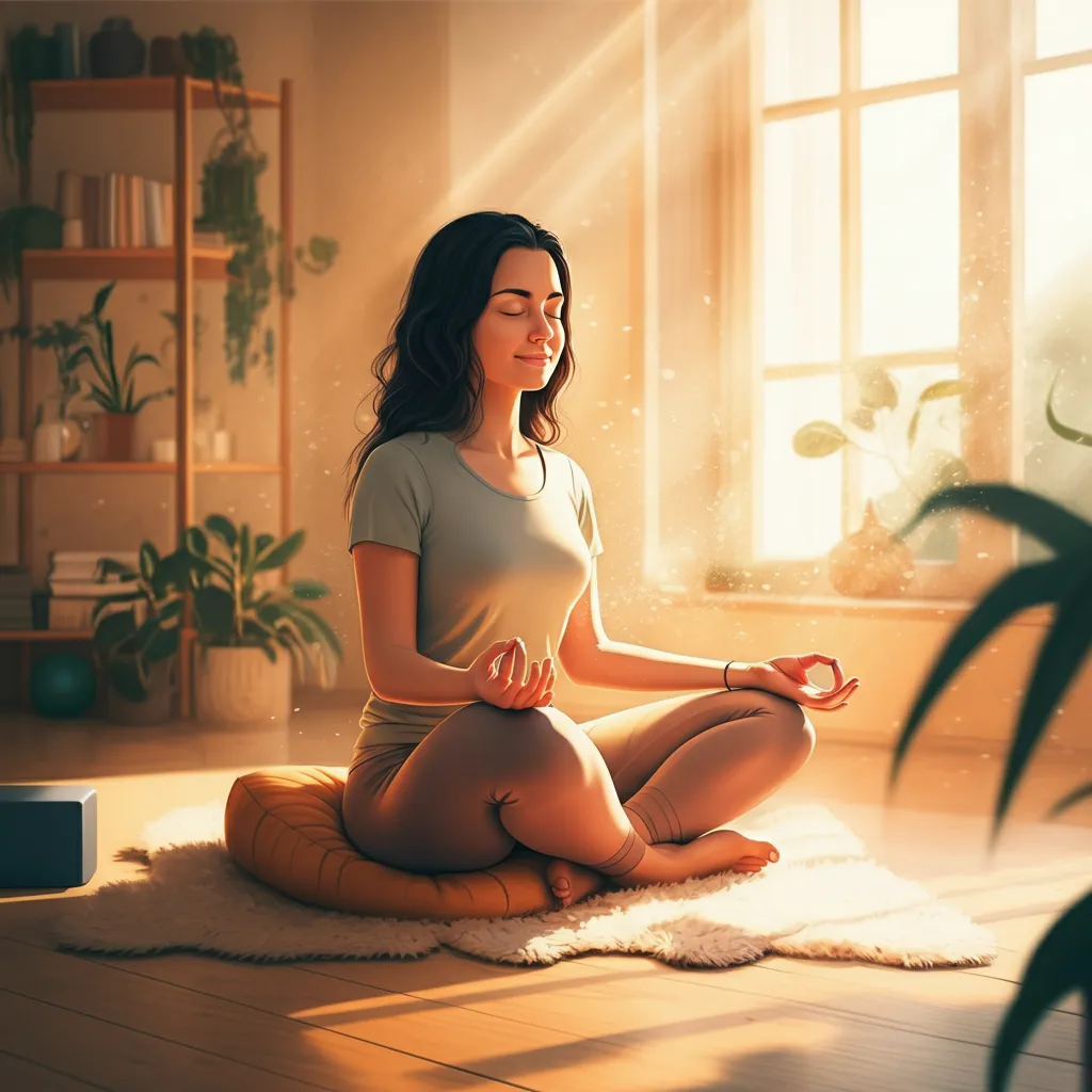 Person meditating peacefully in a quiet space, following a guided meditation for beginners.