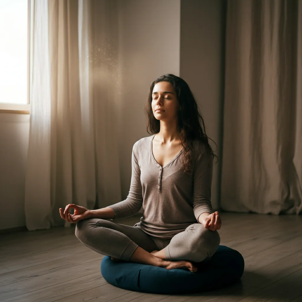 Person meditating peacefully, demonstrating guided meditation for stress relief, anxiety reduction, and mindfulness.