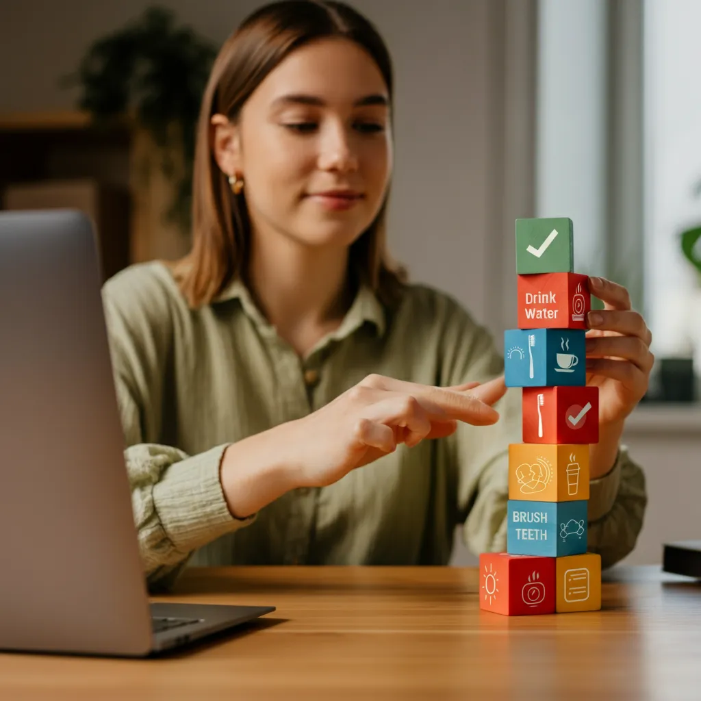 Visual representation of habit stacking for individuals with ADHD, depicted as LEGO bricks being stacked, symbolizing linking new habits to existing ones for better routine adherence.