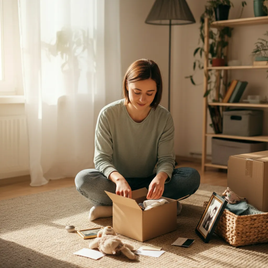 Person decluttering their space as a step in healing from trauma.