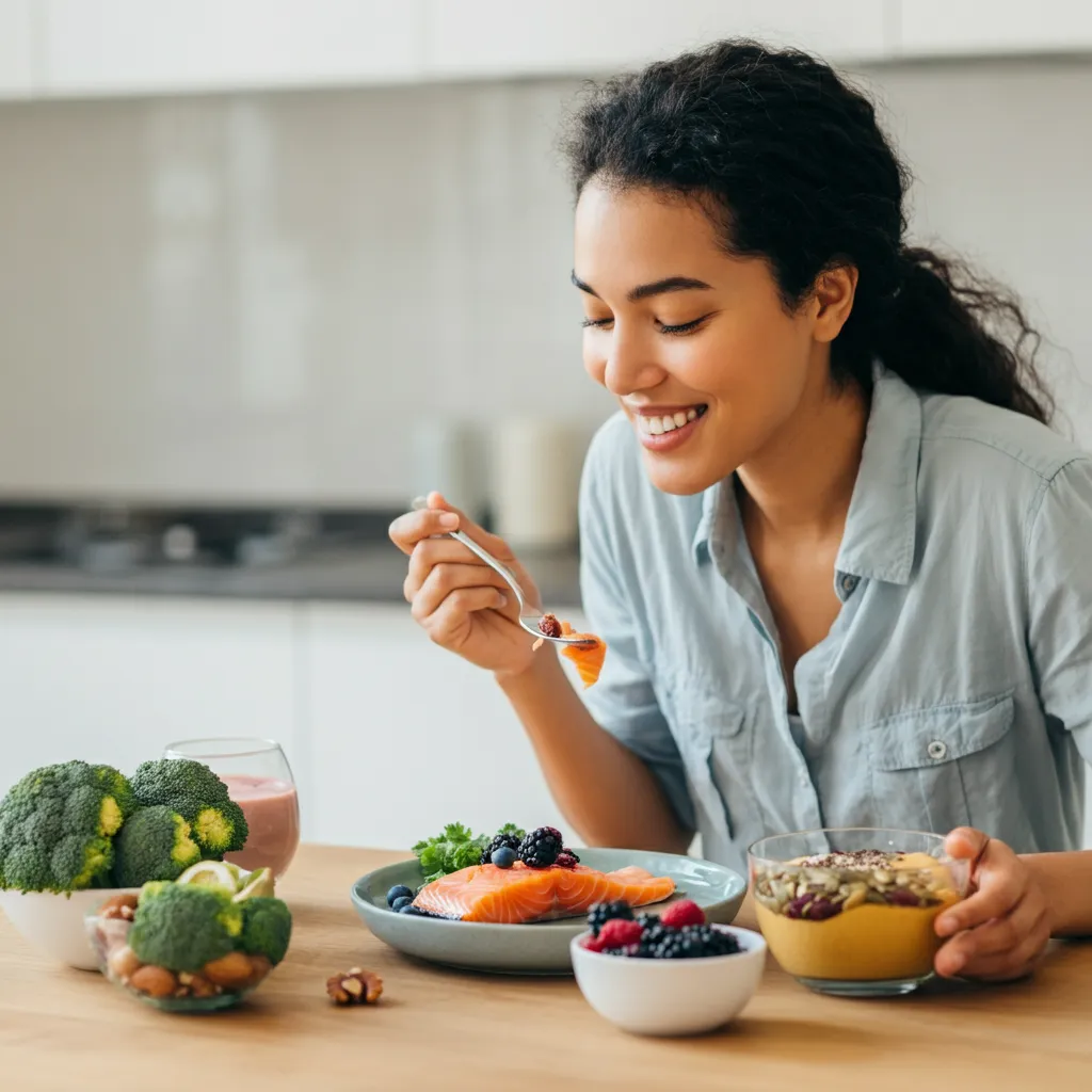 A variety of healthy foods like leafy greens, berries, nuts, and fish that boost brain health and improve cognitive function.