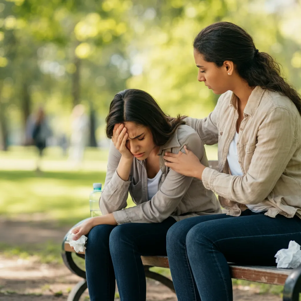 Person comforting someone experiencing an anxiety attack by using grounding techniques.