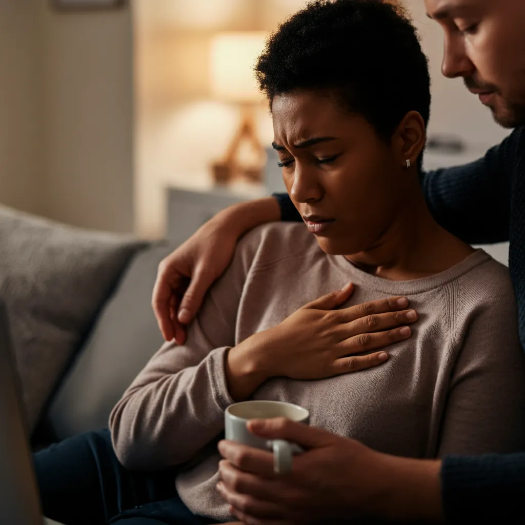 Person comforting a friend experiencing an anxiety or panic attack by offering support and reassurance.