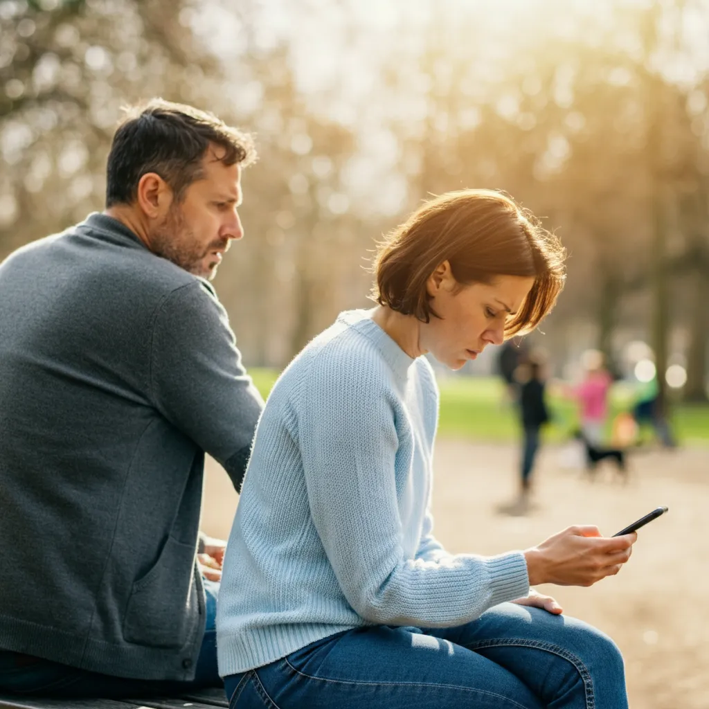 A person turning their phone away from their partner, illustrating the secrecy and hidden interactions that often characterize stage 3 of an emotional affair.