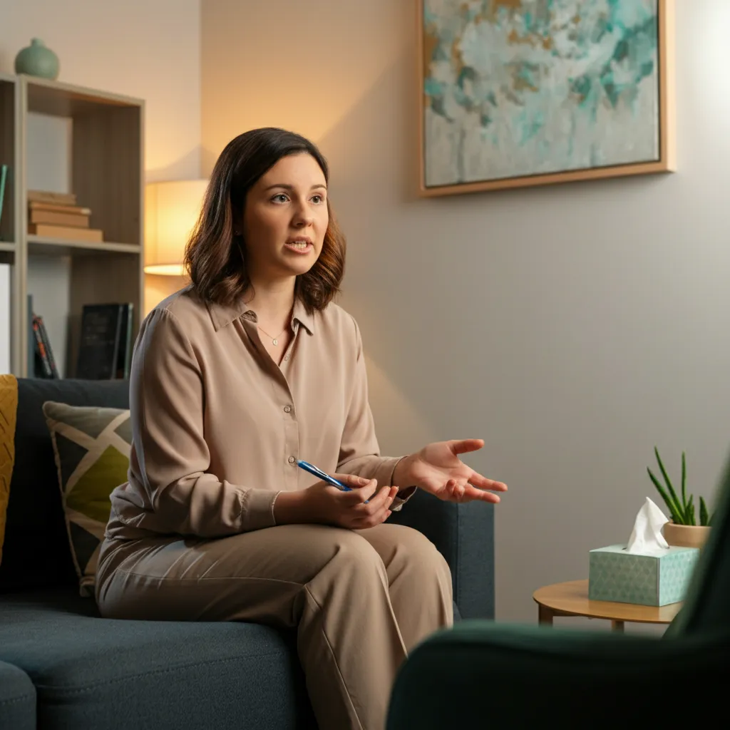 A therapist guides a patient towards helpful strategies for managing Histrionic Personality Disorder (HSPD), including psychotherapy, CBT, and medication to address anxiety and depression.