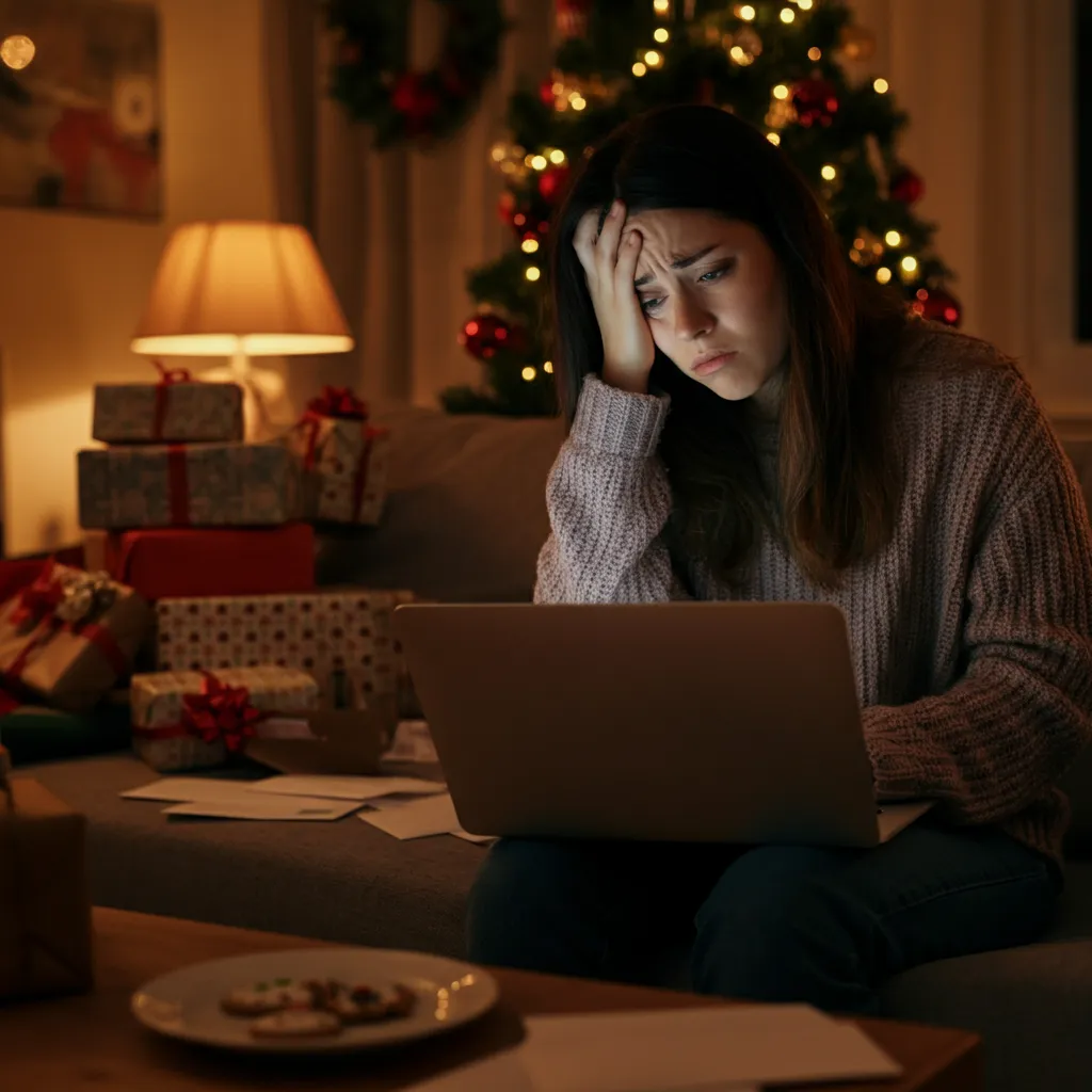 Person experiencing common holiday anxiety symptoms such as racing heart, muscle tension, and difficulty sleeping, along with feelings of worry and irritability.