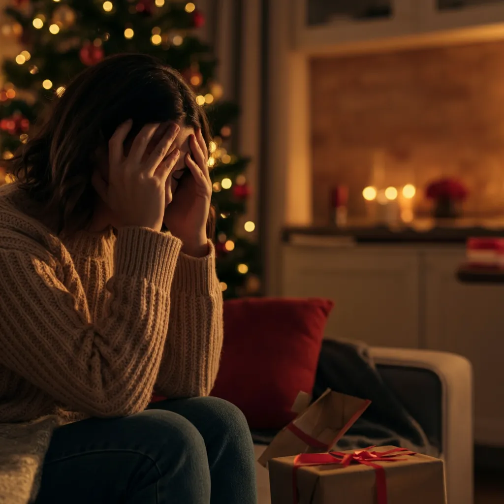 Illustration of holiday anxiety symptoms, such as a racing heart, shortness of breath, muscle tension, headaches, stomachaches, irritability, difficulty concentrating, feelings of dread and worry, and sleep disturbances.