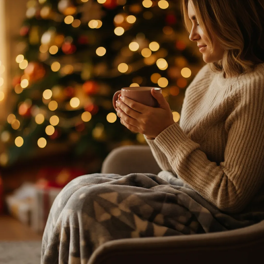 Person enjoying a quiet moment of self-care during the holiday season, demonstrating stress management techniques like taking breaks and connecting with nature.