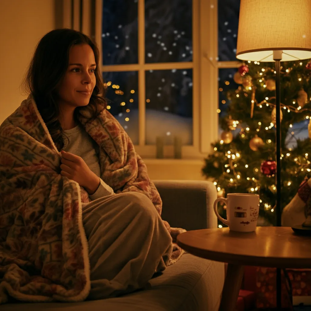 Person relaxing during the holidays, symbolizing stress management techniques and self-care during the festive season.