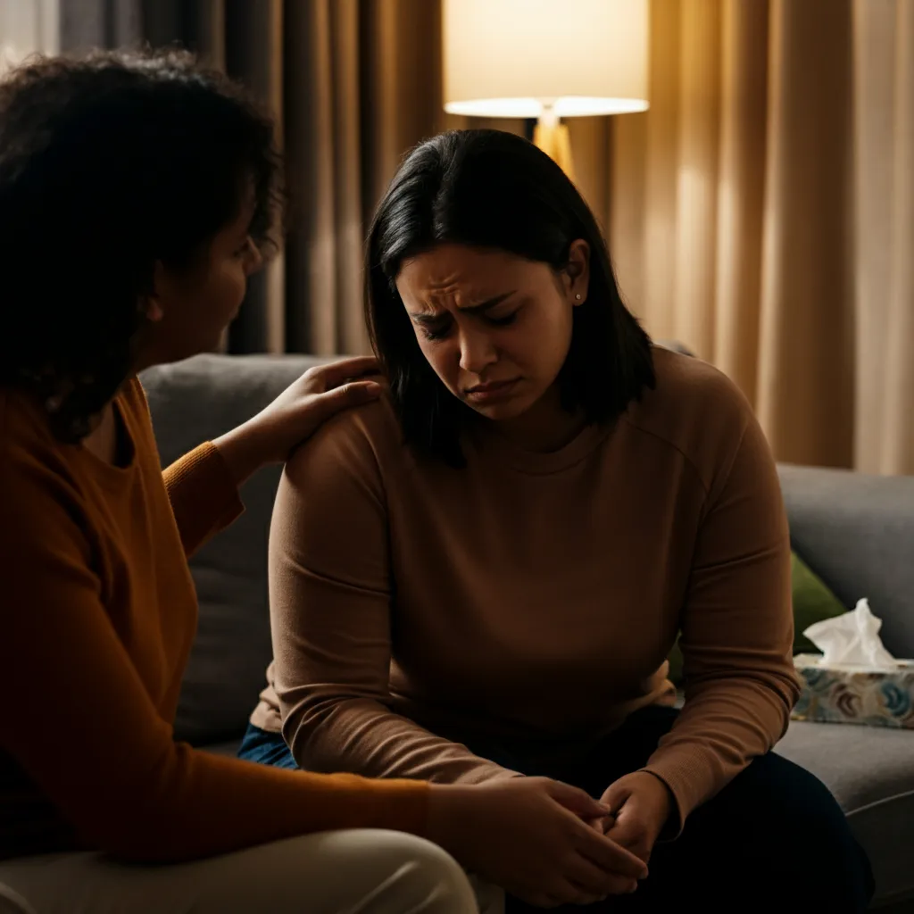 A person offering support to a friend who is experiencing emotional distress, representing the concept of responding to trauma dumping with empathy and healthy boundaries.